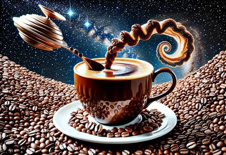 A majestic spiral galaxy composed of swirling coffee beans, floating in a deep space of mocha and espresso tones. Black holes shaped like elegant cezves (Turkish coffee pots), supernovas made of exploding crema. Stars glimmer with the golden sparkle of sugar crystals. A giant moka pot orbiting like a space station. Cosmic latte art nebulae with surreal steam trails. Highly detailed, sci-fi coffee universe aesthetic.