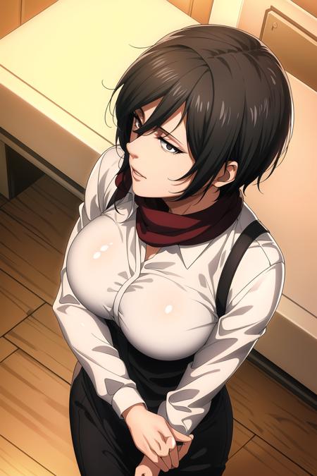 Standing on a wood floor,
collared shirt, long sleeves, black pants, from above, 
<lora:Mikasa_ackerman_Mappa-KK77-V1:0.7>,Red  scarf around her neck,
black eyes, black hair, Short_hair,Hair between eyes, 
<lora:Mariana_Luciano_NON_VIRGIN-KK77-V1:0.3>,<lora:more_details:0.1>,
1 girl, 20yo,Young female,Beautiful Finger,Beautiful long legs,Beautiful body,Beautiful Nose,Beautiful character design, perfect eyes, perfect face,expressive eyes,perfect balance,
looking at viewer,(Focus on her face),closed mouth, (innocent_big_eyes:1.0),Light_Smile,
official art,extremely detailed CG unity 8k wallpaper, perfect lighting,Colorful, Bright_Front_face_Lighting,shiny skin, 
(masterpiece:1.0),(best_quality:1.0), ultra high res,4K,ultra-detailed,
photography, 8K, HDR, highres, absurdres:1.2, Kodak portra 400, film grain, blurry background, bokeh:1.2, lens flare, (vibrant_color:1.2),professional photograph, 
(Beautiful,large_Breasts:1.4), (beautiful_face:1.5),(narrow_waist),