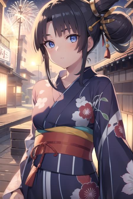 ushiwakamaru, <lyco:ushiwakamaru-lyco-nochekaiser:1>, 
ushiwakamaru, black hair, blue eyes, long hair, side ponytail, sidelocks, parted bangs, (small breast:1.2), hair bun, single bun, side bun,
BREAK japanese clothes, (yukata:1.5), obi, sash,
BREAK looking at viewer,
BREAK outdoors, fireworks, night, festival,
BREAK <lyco:GoodHands-beta2:1>, (masterpiece:1.2), best quality, high resolution, unity 8k wallpaper, (illustration:0.8), (beautiful detailed eyes:1.6), extremely detailed face, perfect lighting, extremely detailed CG, (perfect hands, perfect anatomy),