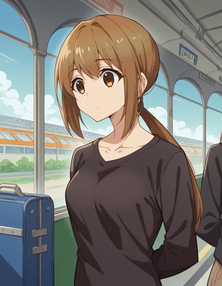 ukai, bangs, brown hair, brown eyes, ponytail, medium breasts, shirt, black shirt, long sleeves, collarbone, pants,