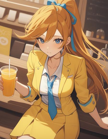 <lora:athena-xl-000007:1> aacykes, hair ribbon, 
necktie, yellow jacket, yellow skirt,
1girl, cafe, orange juice, straw,
masterpiece, best quality