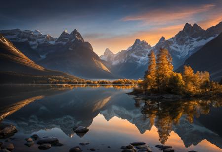 photograph of  mountains ,  calm , at  evening , grand composition, masterpiece, national geographic, nature, 8k, highly detailed, nikon, dslr, hdr, 100-400mm lens, composition, best composition, classic, Landskaper
