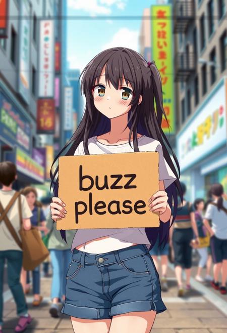 anime girl with long black hair wearing a white t-shirt and denim shorts holding a cardboard sign that says 'buzz please', standing in a busy city street with bustling people around