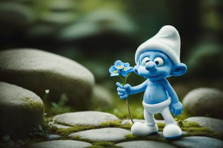 a photo of a tiny smurf (Smurfling:1.0) with a white hat and white pants and white shoes on and a blue face and arms, in a fantasy forest at night, sitting on a cobble stone wall, holding some flowers in it's hand