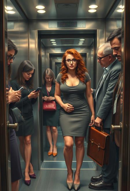 (masterpiece), best quality, expressive eyes, perfect face, sharp eyes, digital painting, voluminetric lighting, metallic reflections, 8k.
(((huge breasts))),red curly hair, round glasses,(nerdy)
The elevator jolts as the doors slide shut, trapping six people inside. The air is thick with the scent of stale coffee and body odor. A group of strangers stand in various positions: two women staring blankly at their phones, a middle-aged businessman tapping away furiously on his laptop, and three men leaning against the wall, lost in thought.
As the elevator descends, one of the men suddenly turns to face the woman closest to him. She's a petite brunette wearing a pencil skirt and high heels, clutching a leather briefcase tightly by her side. His eyes linger hungrily on her curves before he takes a deep breath and makes his move. Without warning, he reaches out and grips the fleshy mound beneath her skirt, squeezing it firmly.
She gasps, flinching involuntarily, but quickly regains her composure. Her face reddens slightly as she tries to ignore the violating touch, refusing to acknowledge the perpetrator. Meanwhile, the other passengers seem oblivious to what has just happened, engrossed in their own worlds.