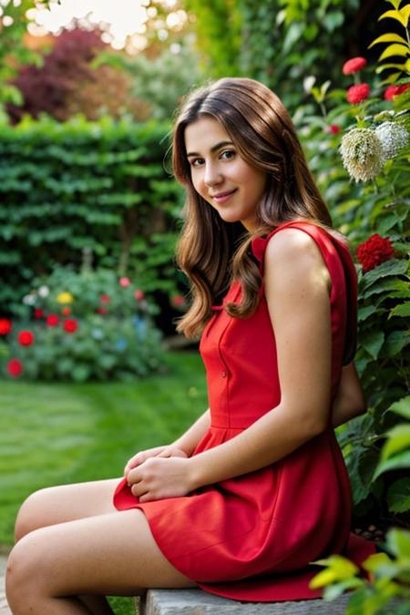 RAW photo, beautiful woman wearing red dress sitting in the garden, Fujifilm XT3, artistic photography