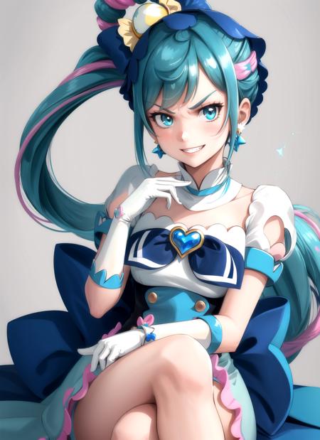 best quality, best aesthetic, masterpiece, intricate details, BREAK 1girl, solo, cure spicy, magical girl, solo, (smile, angry, upper teeth), looking at viewer, gloves, sitting, crossed legs, light particles, short sleeves, blue bow, brooch, bow, earrings, dress, colorful background, BREAK, <lora:CURE_SPICY-09:0.8>