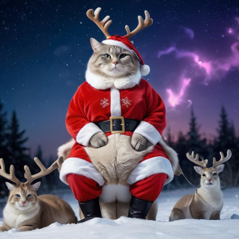 A cat dressed as Santa Claus sitting in the snow with reindeer.