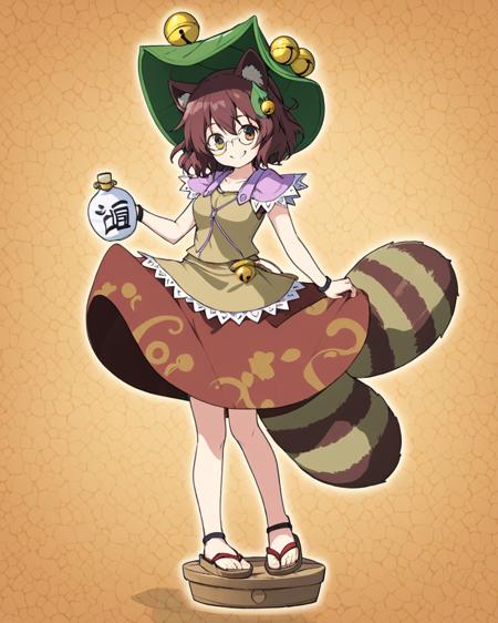 futatsuiwa mamizou,1girl, raccoon_tail, glasses, hat, solo, gourd, clog_sandals, skirt, sandals, grin, full_body, leaf_on_head, hand_on_headwear, bottle, shirt, jingle_bell, pince-nez, platform_footwear
<lora:futatsuiwa_mamizou_image2346_2023-12-20-000010:1>,star-shaped_pupils,symbol-shaped_pupils,. gorgeous,key visual, vibrant, studio anime,award-winning, professional, highly detailed,high budget, cinemascope