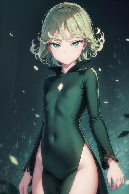 tatsumaki, short hair, curly hair, green hair, (green eyes:1.5), long sleeves, dress,