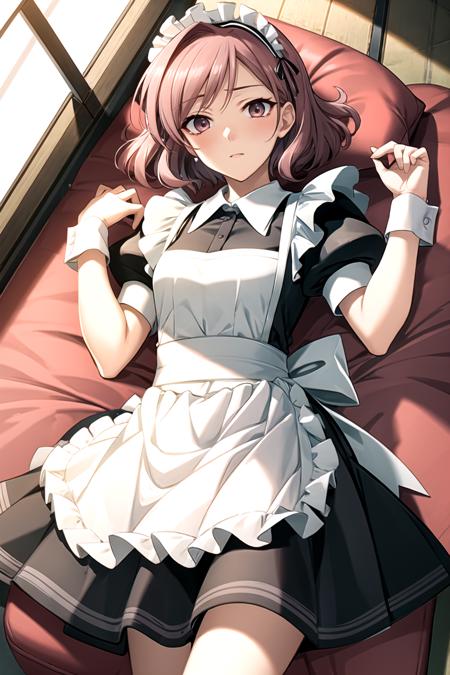 best quality, ultra-detailed, an extremely delicate and beautiful, high resolution, extremely detailed CG, masterpiece,
cowboy shot,
(shy face:1.2),,
BREAK,
yosuga, motoka, 1girl, solo, short hair, brown hair,brown eyes,pink hair,
maid, maid headdress, apron, wrist cuffs, short sleeves,
indoor,
<lora:yosuga_V1_3-000018:0.8>,
lying on back,