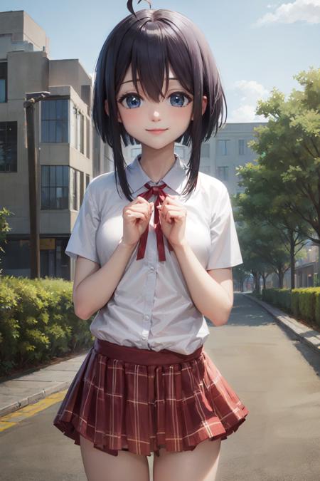 (masterpiece, best quality:1.2), <lora:mahousensei_miyazaki-10:1>, cowboy shot, solo, 1girl, miyazaki nodoka, smile, closed mouth, looking at viewer, own hands together, ahoge, school uniform, plaid skirt