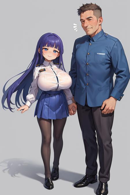 <lora:opll-sizediff3:0.8>  , masterpiece, (age difference, size difference, faceless man standing behind, father and daughter), 1girl, full body, huge breasts, uniform, pantyhose, ( rolling eyes:1.1), smile