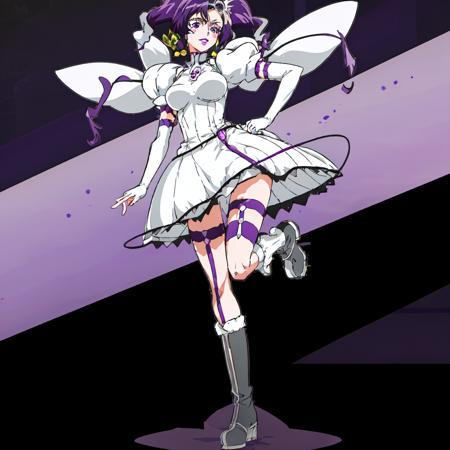 Cirucci_Sanderwicci, 1girl, solo, hair ornament, white dress, purple hair, knee boots, elbow gloves, white dress, puffy short sleeves, makeup, lipstick, short twintails, purple lips, wings, black boots, facial mark