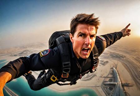 Extreme facial details, Masterpiece dynamic (cinematic shot:1.6) (Tom Cruise) action pose in [(Burj Khalifa)|(Opened Parachute Chasing scene)] (face looking pursuit:1.4) in [__medium__:photograph:0.5]  and ( davinci_:0.5), shout , detailed eyes, detailed pupils, clean face BREAK <lora:epi_noiseoffset2:0.50>, clear sky with clouds, Dubai beach, explosion, hand gun , jet pack, Dusk, mythic, fable, legend, digital art , [ : <lora:add_detail:0.7>:0.10] , symmetry, hyper realistic, detailed, intricate, best quality, hyper detailed, ultra realistic, sharp focus, bokeh, HQ, 8K, high angle RAW photo shot on IMAX, film grain, masterpiece photographic art, (photo realistic:1.4), depth of field, rule of thirds