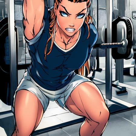 , cinematic look, insane details, hyperdetailed, Highly detailed, high detail skin, high detail eyes, a man in a tshirt and shorts working out at the gym<lora:MTMSImagineComicsStyleV1Lora:0.9> mtms