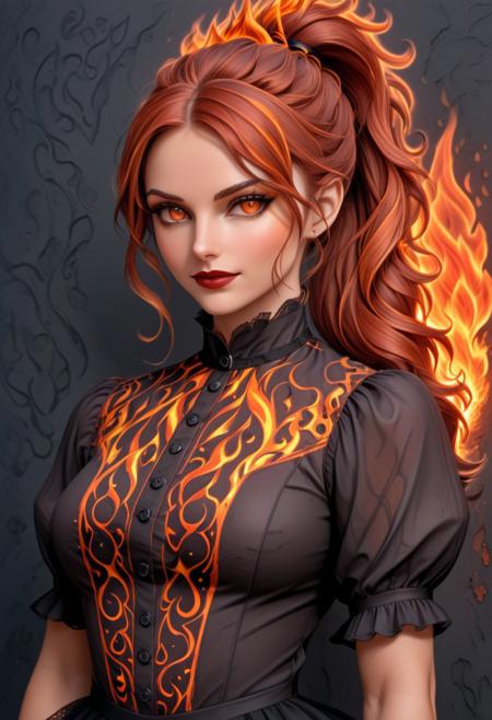 HavvoricFireDarkstyle, (close up:1.6), Stable_Yogis_PDXL_Positives, (Victorian blouse:2.3), Realism_Quality_2xx_By_Stable_Yogi, (anatomically correct:1.7), photo, photo_realistic, 1girl, mature_woman, European, 27 years old, parted_lips, choker, seductive smile, sultry, serious stare, stern look, close-up, eye shadow, makeup, milf, mature female, pureerosface_v1, Expressiveh, intricate_details_xl, natural skin, realistic, hands out of view, red lipstick, makeup, Influencers Deluxe_Lara_Lang, long ponytail, streaked hair, Orange hair, black streaks in her hair, long side bangs, black highlights in bangs, thick lips, mega ponytail, big hair, tall, natural blue eyes, high neck closure, fitness body, toned muscles, high cheekbones, (painted wall in HavvoricFireDarkstyle style:1.9), (wall has painted fire pattern:3), (blouse made painted with fire pattern), solo, fully dressed, high turtle neck, outdoors, (hands hidden:1.7), short sleeves, closed blouse, high neck closure, gentle smile, closed mouth, short puffy sleeves, (HavvoricFireDarkstyle background:3), (black elbow gloves with orange fire pattern).