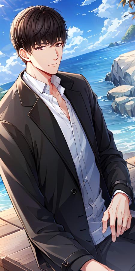 ((high_quality, distinct_image)), masterpiece, extremely_detailed_CG, overexposure, illustration, 1boy, solo focus, short hair, looking at viewer, handsome, beautiful_detailed_hair, outdoors, light smile, (full_body),black_coat, xumo