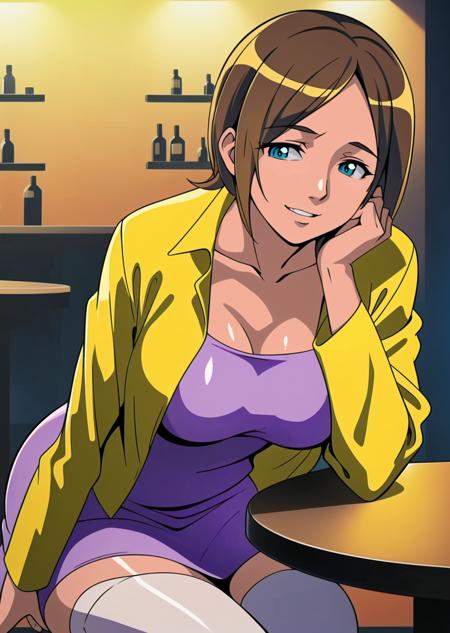 minako haruno
(solo:1.4)
1girl,brown hair, blue eye, short hair,large breasts, beautiful face, (sexy body:1.4),beautiful legs, collarbone,(white thigh highs:1.4), (mature female:1.4),
(yellow jacket:1.4),(purple dress:1.4), 
happy expression,smile, closed mouth,sitting,(leaning forward:1.4), head tilt, (hands on own cheeks:1.4)
(bar:1.4), table
portrait,(close-up:1.05),
(masterpiece:1.4), (best quality:1.4),
professional artwork, intricate details, vivid colors, Diffused lighting, digital blending, ultra detailed body, ultra detail hair, ultra detail face,
<lora:minako_haruno_urotsukidoji_ver6-10:0.8>,