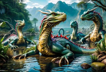 eerie swamp, hydra, three headed dragon, long necks, (one body), wet, half submerged, glistening scales, (absurd res:1.2), (photorealistic:1.2), BREAK, (8k:1.0), (hi res:1.0), (masterpiece:1.0), (best quality:1.0), (realistic:1.2), (ph0t0x2:1.0), (vibrant colors:1.0)