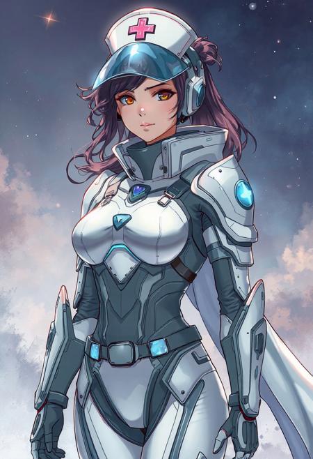 Moebius, anime concept art, female superhero, nurse hero, healer warrior, biotech armor, futuristic medic, compassionate protector, dreamlike sci-fi, cosmic fantasy, clean elegant design