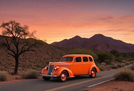 motor vehicle, car, no humans, tree, road, outdoors, scenery, sky, orange sky, sunset, mountain, vehicle focus, evening, nature, mountainous horizon, forest, cloud, location, dusk, twilight, red sky, hill, rock, gradient sky, desert, grass, orange background, bush, solo, (1936 Willys 77 4-Door Sedan)