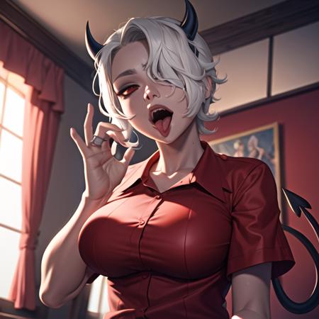 ((extreme detail)),(ultra-detailed),(painting), chiaroscuro, extremely detailed CG unity 8k wallpaper, best quality, portrait,zdrada,red shirt,bedroom,horns,devil tail