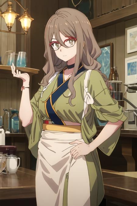 best quality, masterpiece, highres, solo, {nakahara_mizuki_lycorisrecoil:1.15}, brown_hair, long_hair, glasses, red-framed_eyewear, hair_between_eyes, brown_eyes, semi-rimless_eyewear