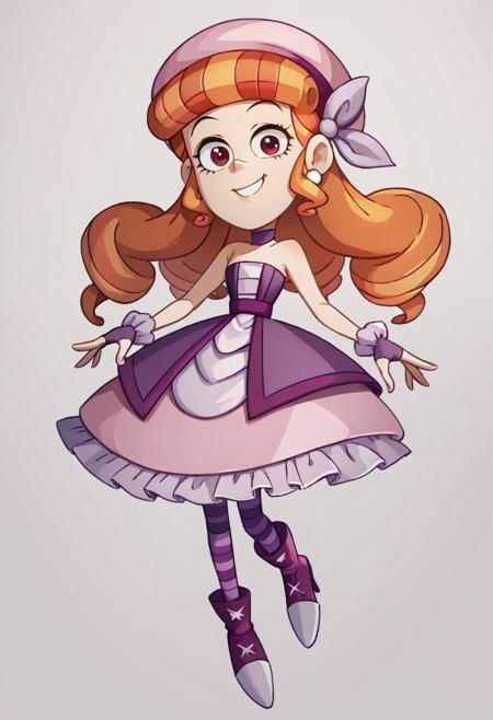 TeoV, 1girl, orange hair, hair drills, red eyes white pearl earrings pink beret lavender hair bow purple choker frilly purple fingerless gloves open strapless purple fitted bodice jacket purple belt pink lavender layered dress striped purple stockings high-heeled purple boots  <lora:TeoV:1>