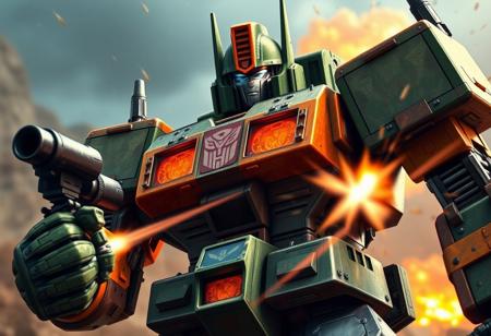 transformers generation 1, robot made of tank parts, scorn, with gorgeous detailed eyes in the style of precisionism, gaston bussiere, a picture, green and orange, tant turret, bucket helmet, wide focus, action pose, lasers, explosions, decepticon