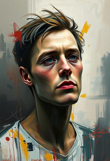 A self-portrait where realism fades into abstraction, expressive portraiture, painterly abstraction, emotional realism, fauvist color palette, gestural brushwork, rural symbolism, psychological atmosphere, simplified forms, muted and vibrant tones, introspective figures, spontaneous composition, contemporary expressionism, pastoral themes, intuitive linework, minimal background detail, spiritual undertones, dreamlike distortion, narrative ambiguity, human vulnerability, poetic emotion