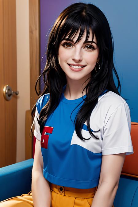 indoors, portrait, black hair, blue background, long hair, smile <lora:hhayleyydefv2:1> hhayleyy