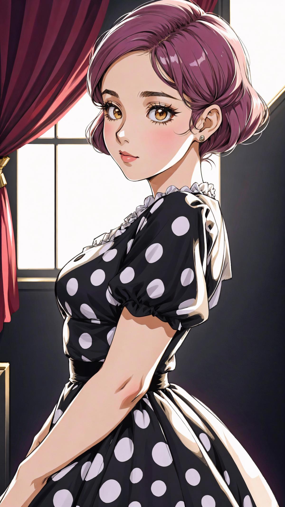 An Anime-style drawing of a woman wearing a black dress with polka dots.
