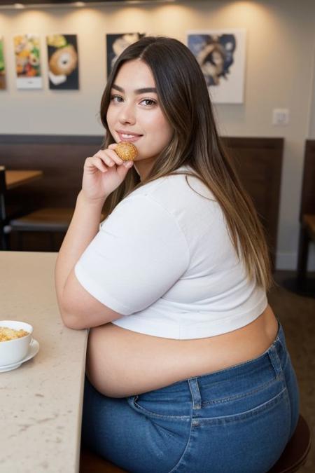 side view beautiful thick bbw obese blonde girl sitting in a booth at a donut shop, (flat chest:1.2), tight clothes, undersized dolphin shorts, crop tee shirt, (eating lots of sprinkled donuts), hands resting on her stomach, sitting at a table, (donut buffet:1.2), stacked plates on the table, shirt stained with greasy food
(plump:0.9), love handles, stuffing herself with donuts, large round stomach, (huge round gut),
digital illustration, trending on artstation, realism, (best quality, masterpiece, [insanely detailed], intricate:1.2), absurdres, [ultra detailed], [sharp focus], [high definition] <lora:plump-strong:1.5>, pretty face, nose, lips, beautiful eyes, (MarlaNobodySD15), smiling, Fat Rolls:1.2, blonde hair:0.7, gigantic fat belly