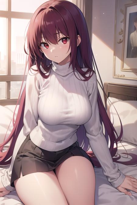 scathach, <lora:scathachtest:1>, scathach, long hair, purple hair, (red eyes:1.5),
BREAK long sleeves, ribbed sweater, sweater, turtleneck, turtleneck sweater, (white sweater:1.5),
BREAK indoors bed,
BREAK looking at viewer, 
BREAK <lora:GoodHands-vanilla:1>, (masterpiece:1.2), best quality, high resolution, unity 8k wallpaper, (illustration:0.8), (beautiful detailed eyes:1.6), extremely detailed face, perfect lighting, extremely detailed CG, (perfect hands, perfect anatomy),