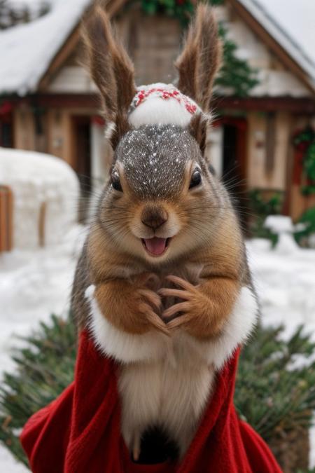 score_9, score_8_up, score_7_up, score_6_up, score_5_up, score_4_up, (((squirrel))), green Christmas dress, bells, cute, (feral:1.2), (red fur), blue eyes, (happy, expressive:1.5), (incoming hug, reaching towards viewer, perspective, depth of field, arms spread, hugging viewer, embracing viewer), upper body shot, (close up:1.5), out of frame, 3lf, green headwear, belt, fur trim, bells, (snow, village, Christmas:2),