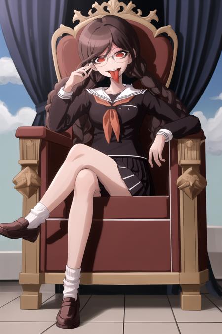 masterpiece, best quality, highres,<lora:GenocideJackDG:1>  , 1girl, solo, skirt, school uniform, neckerchief, pleated skirt, long sleeves, sailor collar, looking at viewer, black skirt, red neckerchief, black shirt, glasses, tongue out, sitting on throne, crossed legs, full body, socks, footwear,