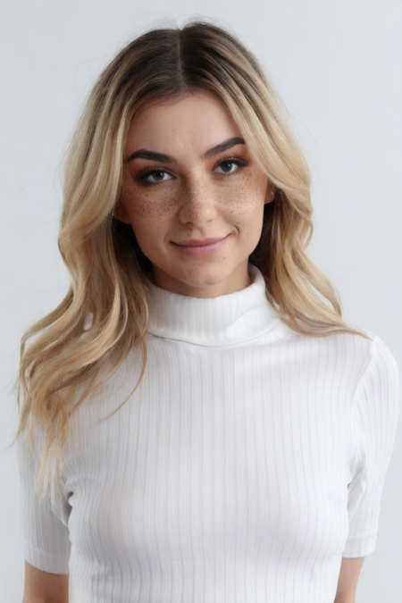 Photo of d3m1h4wk5 woman, detailed face freckless+, white turtleneck blouse,. sexy face