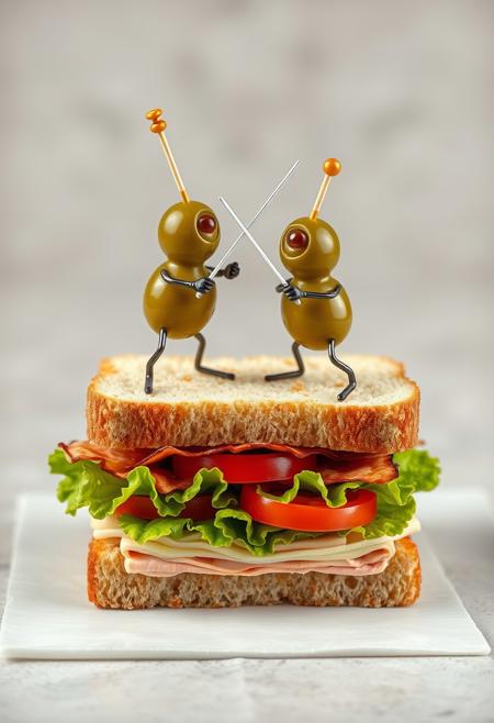 Create a hyper-realistic, hyper-detailed image of two olives engaged in a fierce fencing duel, standing atop a beautifully crafted club sandwich. Each olive wields a toothpick, expertly crafted to resemble a foil, as they face off in a battle of skill and strategy. The club sandwich, with its layers of turkey, bacon, lettuce, and tomato, serves as a majestic backdrop for the duel, with every detail meticulously rendered. Style: hyper-realistic, whimsical, humorous. Colors: rich, vibrant hues with a focus on greens and browns to convey the sense of a lively duel. Highest-Quality, 4k, Masterpiece