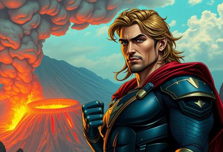 Create a highly detailed, lifelike image of Comics Hero Legend Arthur in a superhero pose, with a dormant volcano background. The image should be inspired by the styles of Nara Yoshitomo, Artgerm, Greg Rutkowski, and Alphonse Mucha. The technical specifications are: 8k resolution, cinematic, full width, no watermark signature, and a golden ratio composition. The subject should have a fair complexion, with a focus on fine details and intricate shading. The style should be a blend of sci-fi and cyberpunk elements, with a sense of elegance and refinement. The image should be created with a Canon 2.0 mm lens and inspired by the works of Nam June Paik.