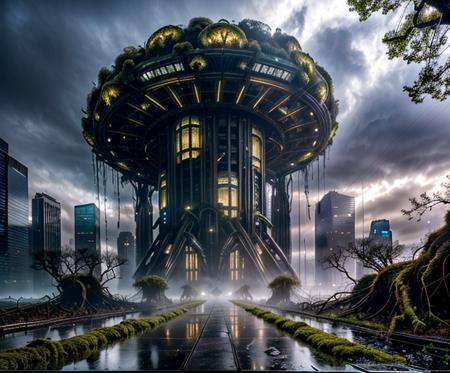 "An abandoned futuristic city slowly reclaimed by nature, colossal sci-fi skyscrapers crumbling under the weight of massive, twisted vines and glowing bioluminescent plants. Cracked metallic structures covered in moss, shattered glass towers overtaken by enormous tree roots, alien flora blossoming through rusted machinery. Mist floats between the ruins, casting ethereal light beams through broken ceilings. Hyper-realistic textures: oxidized metal, damp stone, glistening foliage, reflective water puddles. Wide-angle cinematic view, deep atmospheric perspective, extreme detail, hyperrealism, hauntingly beautiful mood."