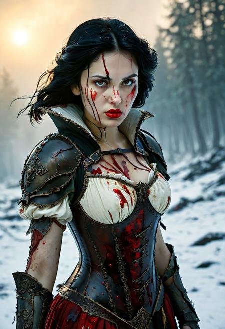 High resolution ultra-realistic of beautiful Warrior Snow White with wavy black hair, Greg Rutkowski, Intricately Designed Handsome dirty bloody face, Realistic beautiful brown eyes, Atrractive 21 years old woman, blood-smeared, dark fantasy elements, Standing in the middle of a bloody battle on the battlefield, in a fighting pose, holding a sword, Intricately Designed iron armor, 8K, ultra-realistic body, bloody carnage, Warrior Snow White covered in blood on her body, realistic red lips, asymmetrical balance, adding to the intense and dynamic atmosphere of the scene