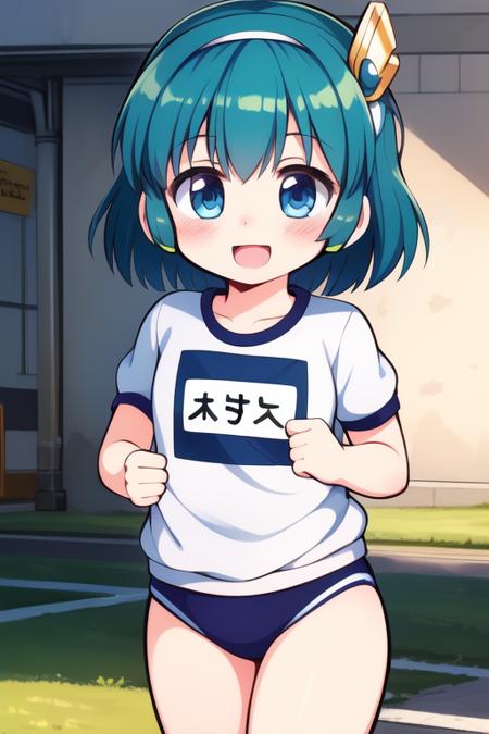 <lora:REMI:0.8>,REMI, blue_eyes, short_hair, green_hair, hairband, child, chibi, gym,
blue_buruma, blush, gym uniform, smile, open mouth, name tag, child, 
masterpiece, high quality, very_high_resolution, large_filesize, full color,