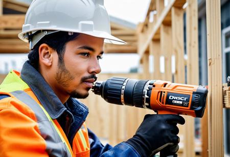 Intricately detailed ultra-high-definition landscape-format professional photograph of a properly-attired construction worker using a power drill to build a house. The photograph should depict the construction worker as being of a random ethnicity and gender. The photograph should appear as though it was shot using a high-end Hasselblad camera with a Hasselblad XCD 120mm f/3.5 macro lens attached to it.