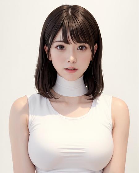 best quality, photorealistic, 8k, high res, 1girl, woman, (skindentation), (portrait:0.6), gorgeous, ((whitebackground:2.4)), ((sleeveless white tshirt, smallsize round breast:1.9)), straight-looking at viewer:1.8, (1girl eyes looking at viewer, short-length hair,  brownhair, partedbangs:1.65), photorealistic, (bokeh), (closed mouth:1.96), gorgeous, pureerosface_v1,  <lora:AVID-mirai:0.55>