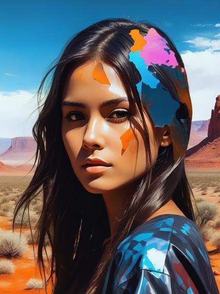 <lora:06NatureArt_Hap_XL:1>, Albert Bierstadt style, oil painting, Portrait face girl, psychedelic style  double exposure. rocky desert in splash style, HD, dark Influence, rocky desert. the background style black style, psychedelic in double exposure over a desert oil painting, niji, morphismart, minimalist, splash style, abstract style,  cyber style elements, futuristic, Impressionism, deco style, Influence, glitch art style, drawing, niji style.,