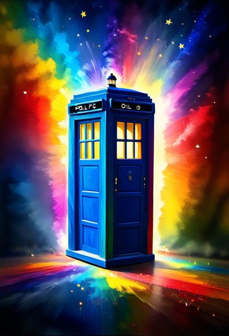<lora:XL V1:1.2>  Rainbow motif, ( cinematic film still metallic "POLICE BOX" made of cd's spinning), 80s. 90s, pop culture, vivid colors, musical flair, whimsical, imaginative, surreal, epic image, digital art, oil painting, musical notes, unique angle, dynamic camera view, 
 <lora:MidjourneyV6.1:0.95> midjourneyv6.1,  <lora:Flux-style-xl-lora:0.80>,   <lora:xl_more_art-full_v1:1>,  <lora:ClassipeintXL2.1:0.65>,