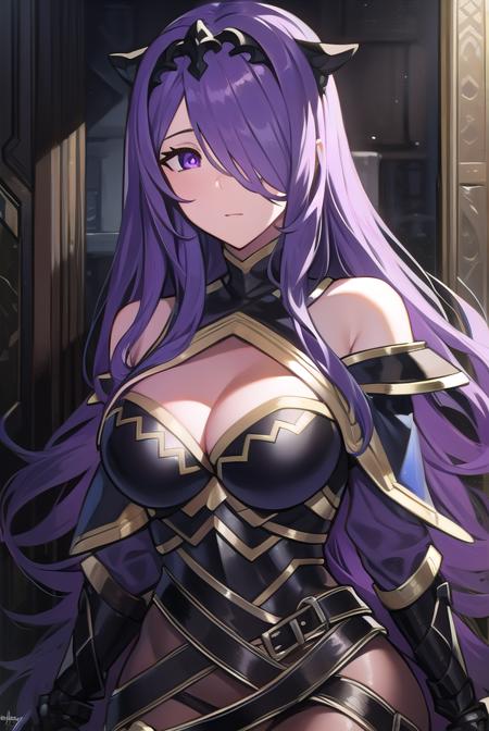 camilla, (hair over one eye:1.5), long hair, (purple eyes:1.1), purple hair, wavy hair, armor, armored boots, black armor, boots, gauntlets, grey footwear, knee boots,