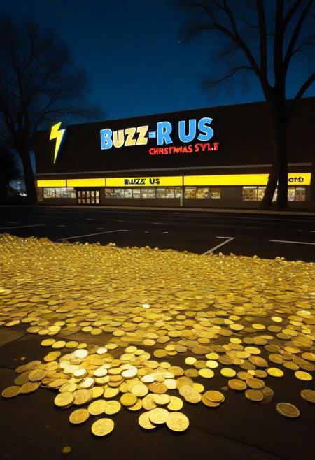 Dark abandoned, night, neon lights, clean, big tall toys r us store front, empty, freeway, trees, big sign, text: buzz r us, Christmas style lights, yellow bolt symbol, stacks of shiny yellow gold and blue money coins on floor, yellow bolt symbol on coins, gold coins, blue coins, treasure chests on display in front of store