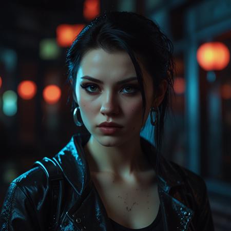  A photorealistic full-body vertical portrait of a fierce goth vampire samurai girl with pale skin and sharp, aggressive features, set in a dystopian Neo-Tokyo inspired by Blade Runner. She has intense goth makeup with heavy black eyeliner and dark eyeshadow, and a cold, defiant gaze. Her mengu mask is gothic and futuristic, with skull motifs, spiked edges, and glowing engravings in neon red and electric blue. Her samurai armor blends tribal and cyberpunk influences: black carbon fiber plates, crimson LED accents, turquoise circuitry, and angular, tech-enhanced design elements. She stands confidently in a rain-slick neon-lit alley, surrounded by holograms, mist, and glowing kanji signage. The atmosphere is dark, cinematic, grainy like 16mm film, and full of cyberpunk tension. No text or letters appear in the image.   The atmosphere is moody and cinematic, with soft bokeh, dramatic lighting, and a grainy 16mm film look. Highly detailed, rich in emo and goth influence, with no text or letters in the image.

Simulating Kodak Ektacolor Pro 160, with a custom white balance at 5500K. cinematic lighting, analog film, film grain, kodak chrome, cool cinematic tones,high contrast, sharp details, with moody lighting that adds depth,. (cinematic atmosphere:1.3), deep photo, depth of field, (black hair)), , (ambient occlusion), (cinematic lighting:1.3), (4K image quality:1.3), (sharp detail:1.3), (highly realistic:1.3), (dim warm cinematic lighting:1.3)
